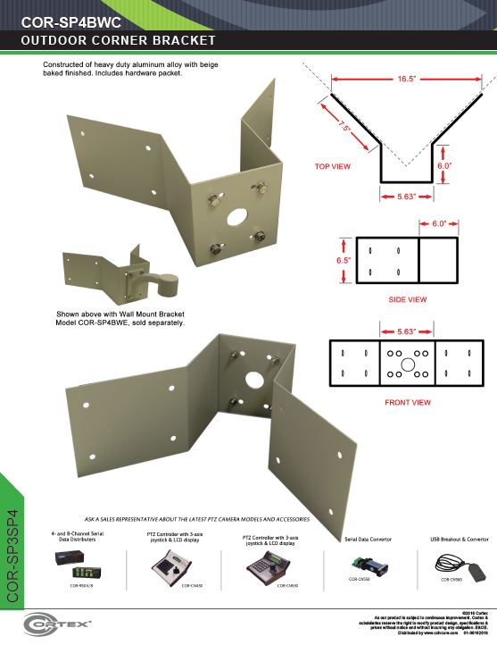 Outdoor Aluminum PTZ Ceiling Corner Bracket from Cortex® specifications for this accessory product COR-SP4BWC