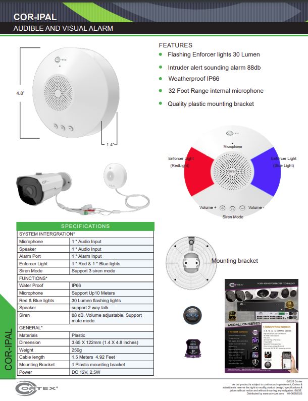 COR-IPAL weatherproof security alarm housing with 88db intruder alert sounding alarm and designed for surveillance camera