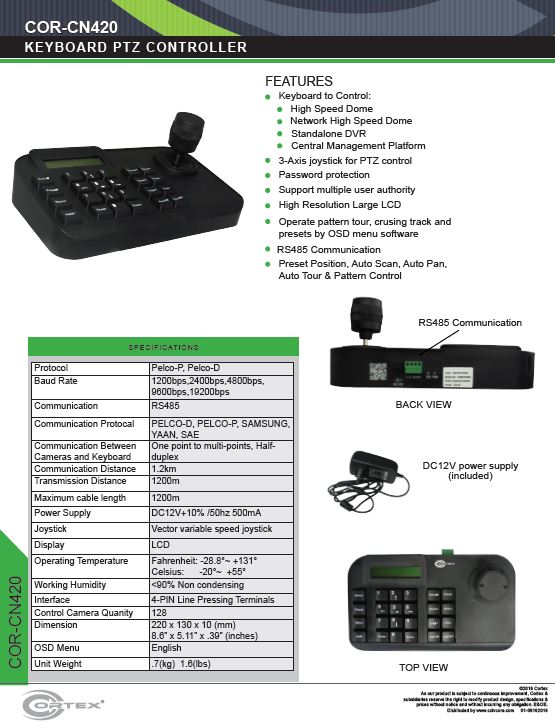 3-D PTZ controller wIth LCD screen from Cortex® specifications for this accessory product COR-CN420