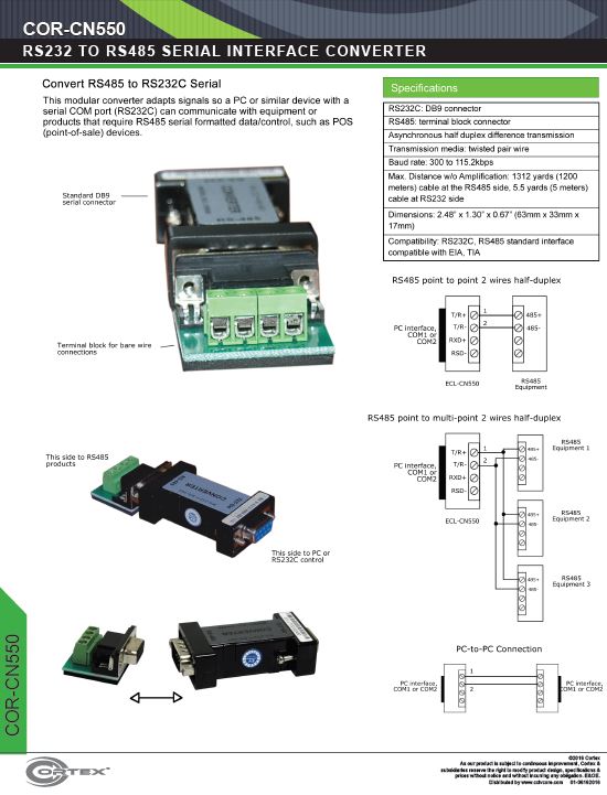 RS232 to RS485 Convertor for POS and other equipment from Cortex® specifications for this accessory product COR-CN550