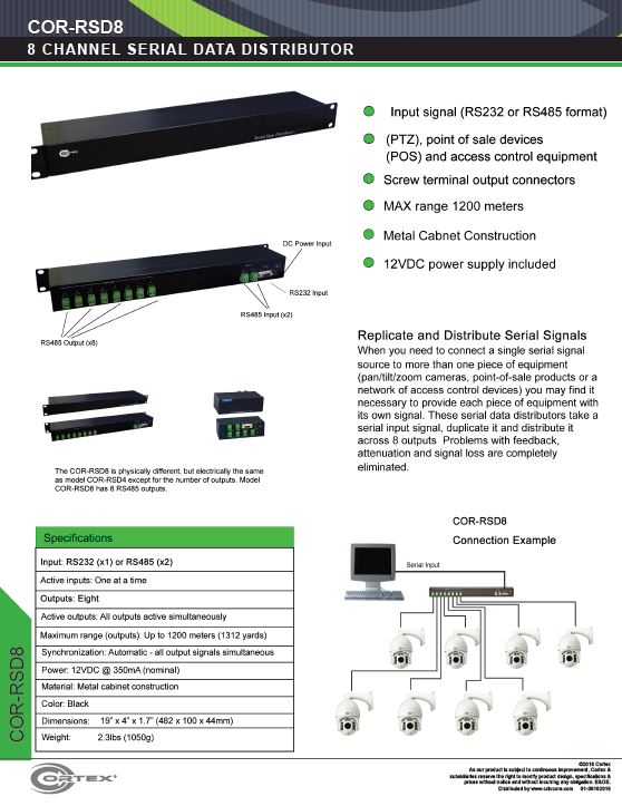 PTZ Serial Data Distributor with 8 Signal Output and Input from Cortex® specifications for this accessory product COR-RSD8