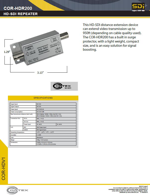 HD-SDI Repeater Video Transmission Extender from Cortex® specifications for this accessory product COR-HDR200