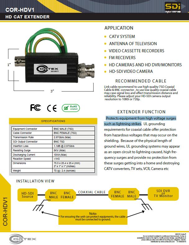 HD COAX Video Surge Protector from Cortex® specifications for this accessory product COR-HDV1