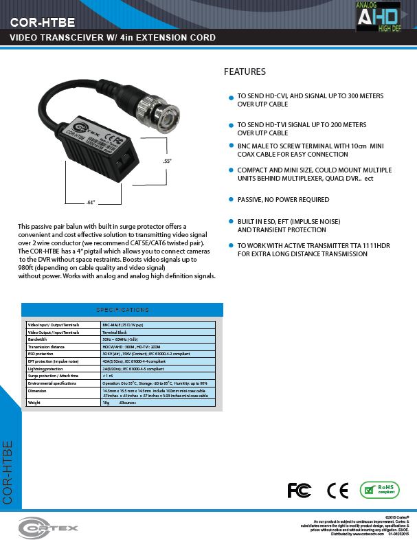 Video Booster Passive Pair Balun with Surge Protection from Cortex® specifications for this accessory product COR-HTBE