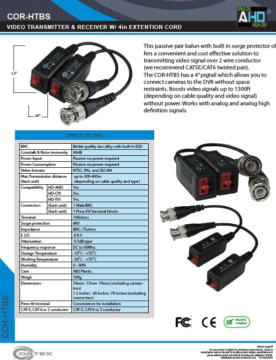 Passive Pair Balun with Surge Protection 2/pack from Cortex® specifications for this accessory product COR-HTBS