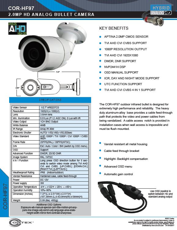 HF97 outdoor infrared bullet is designed for extremely high performance and reliability. 