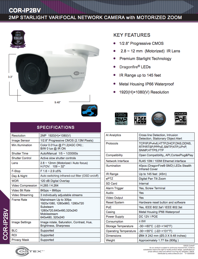 COR-IP2BVA 2MP 1920(H)×1080(V) Medallion IP Infrared Bullet network Camera with Triple Stream,WDR, Cortex® VMS, Cortex® CMS, alarm trigger and much more