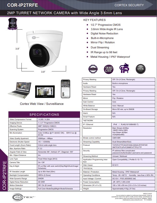 Medallion 2MP Outdoor Network camera with infrared 3.6mm fixed lens