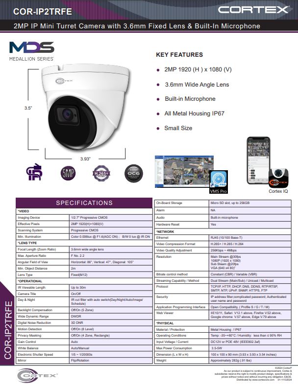 Medallion 2MP Outdoor Network camera with infrared 3.6mm fixed lens