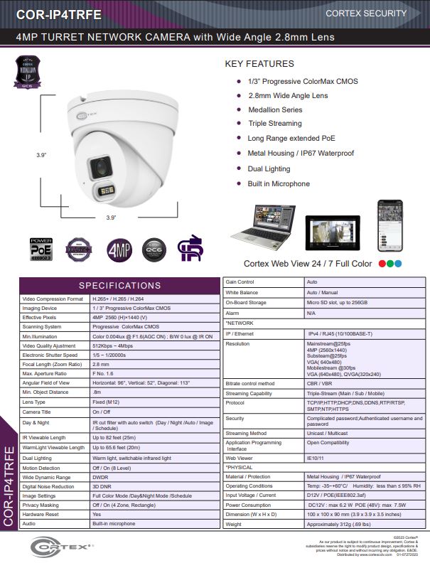 Medallion network camera,4MP Medallion network camera with 2688 (H) × 1520(V) resolution, this Medallion IP Turret Security Camera has with a 2.8mm wide angle fixed lens 