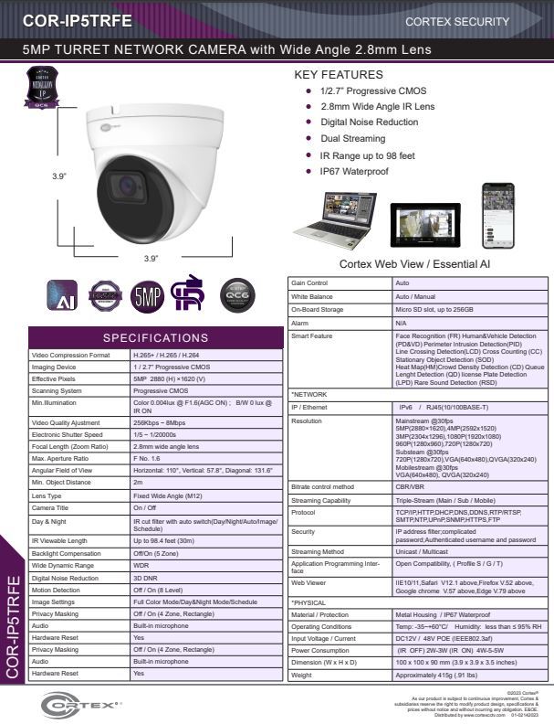 COR-IP5TRFE 5MP - 4MP medallion series camera, This AHD - HD-TVI Infrared Dome Security Camera with 3.6mm fixed lens, IR Cut filter, DWDR and much more. 