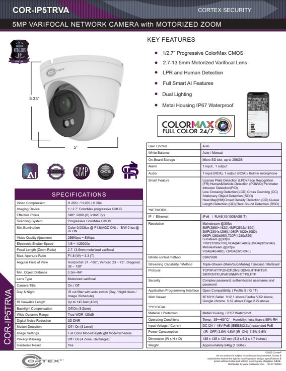 COR-IP5TRVA Medallion IP 5MP Turret Network Camera with Triple Stream,WDR, alarm trigger and 2.7-13.5mm Motorized Zoom auto focus