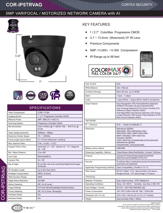 Medallion Gray Model 5MP (4K) Outdoor Network Turret Camera with 2.7 ~ 13.5mm (Motorized) lens. 