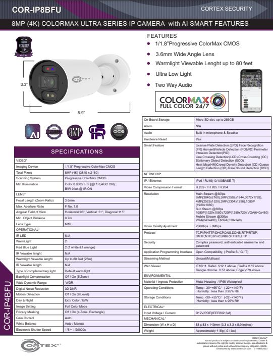 Medallion network camera with  8MP (4k) (3840 x 2160) resolution, this Medallion IP Bullet Security Camera has with a 3.6mm wide angle fixed lens 