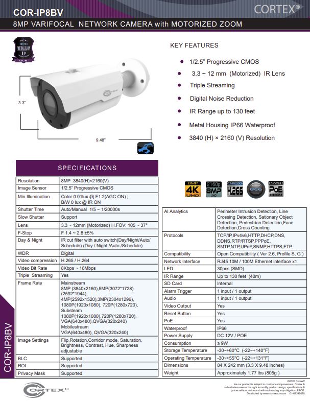 Medallion 8MP (4K) Outdoor Network camera with infrared 3.3-12mm varifocal lens