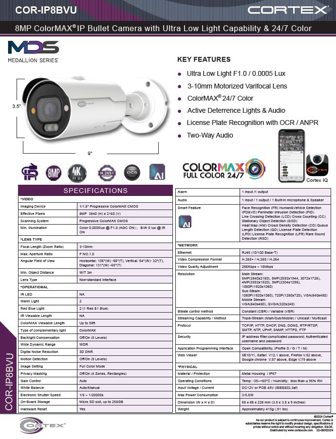 Medallion network camera with  8MP (4k) (3840 x 2160) resolution, this Medallion IP Bullet Security Camera with 3-10mm Motorized Varifocal 