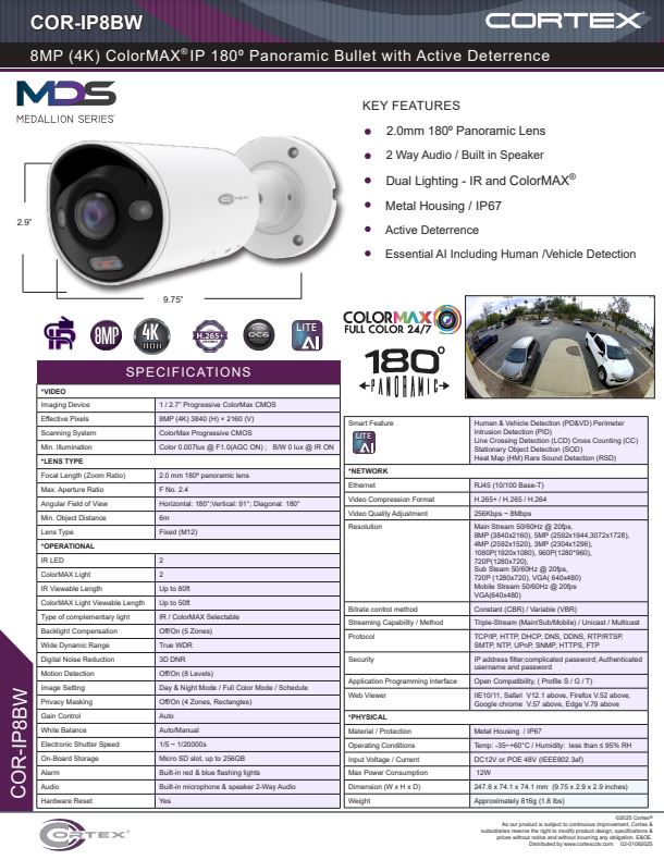 Medallion 8MP (4K) Bullet 4k Network Camera with  2.0mm 180° Panoramic Lens