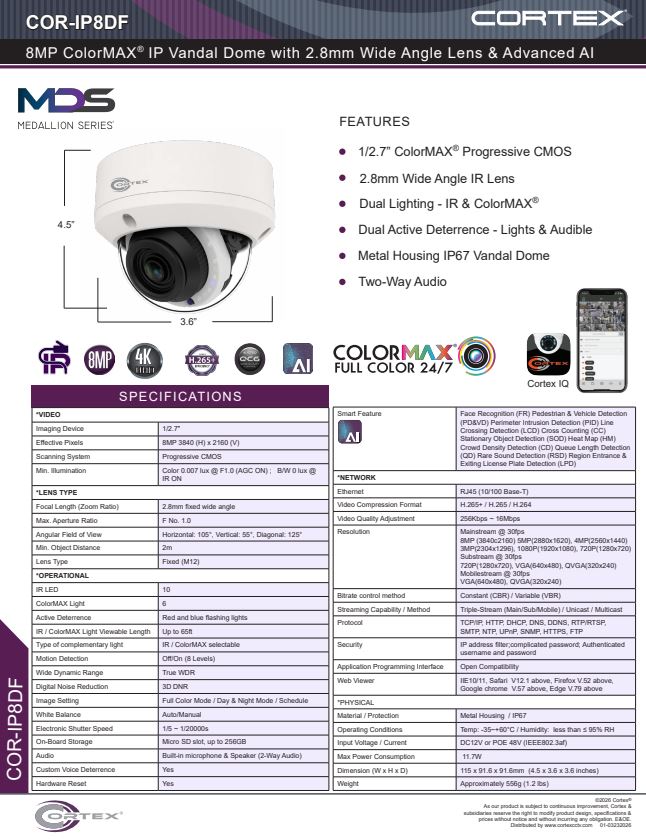 Medallion network camera, Medallion 8MP Network dome Camera with IR and 2.8mm wide angle lens