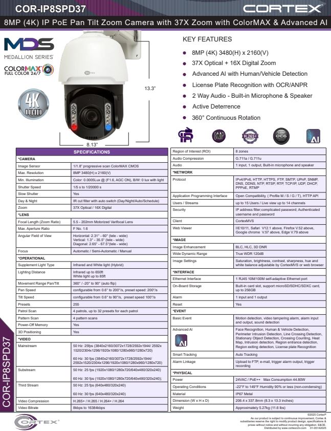 Medallion ColorMax 8MP (4K) IP PoE Pan Tilt Zoom Camera with 37X Optical Zoom, Advanced AI & Auto Tracking