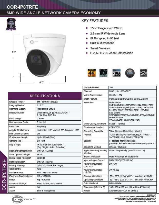 Medallion 8MP (4K) Outdoor Network camera with infrared 2.8mm fixed lens