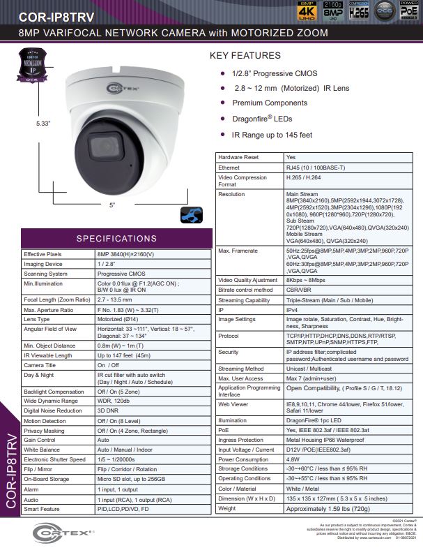 Medallion network camera, Medallion 8MP Network Turret Camera with IR and 2.8mm wide angle lens