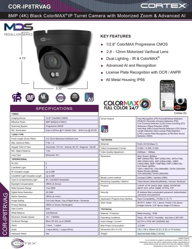  Medallion Gray 8MP Cortex IP Outdoor IR Turret Network Camera with 2.8-12mm Motorized Zoom Lens auto focus
