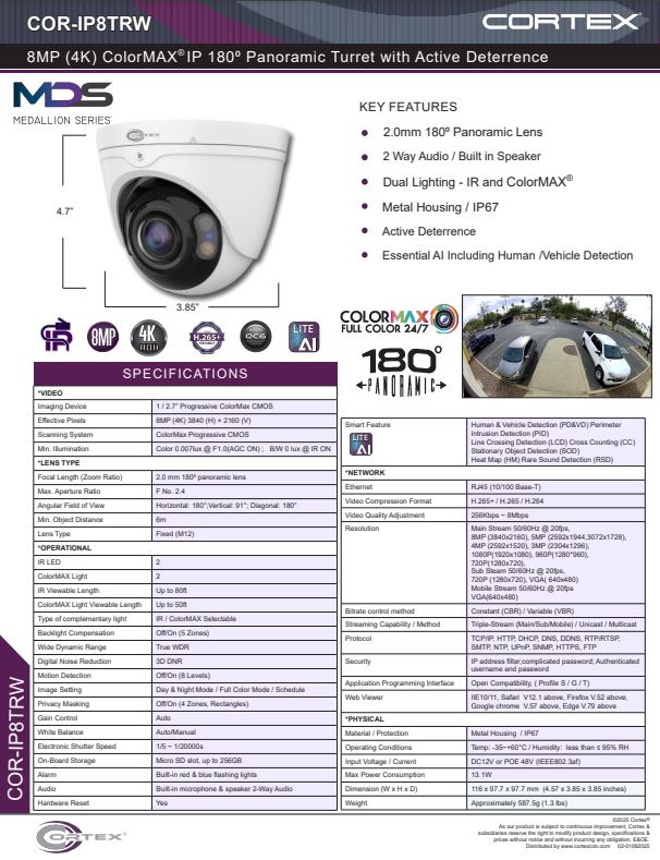 Medallion 8MP (4K) Turret 4k Network Camera with  2.0mm 180° Panoramic Lens