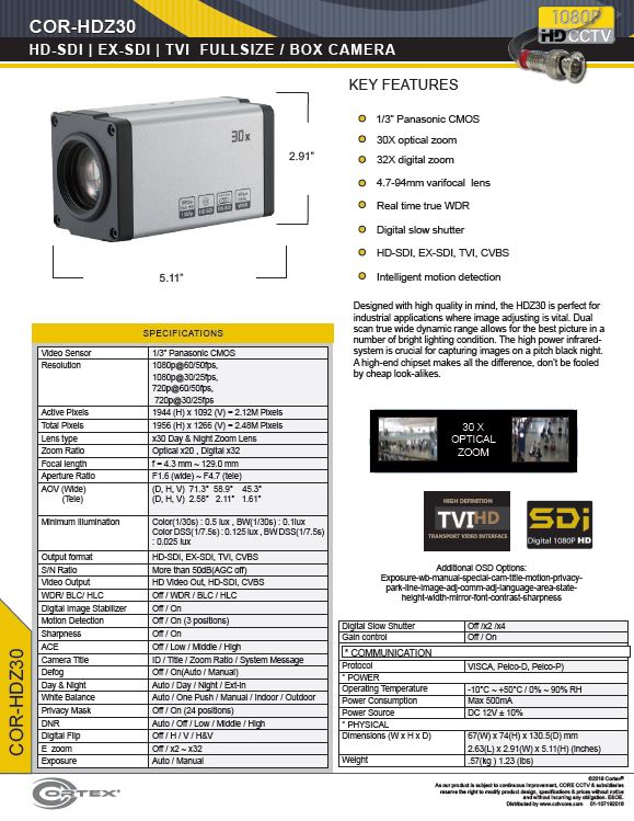  The COR-HDZ30 1080P Cortex® 20x Zoom High Definition SDI Full Size Security Camera