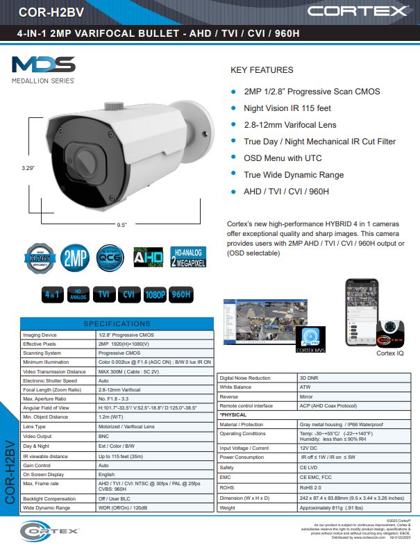 AHD , TVI, CVI camera, 2MP 1920 (H) ×1080 (V)