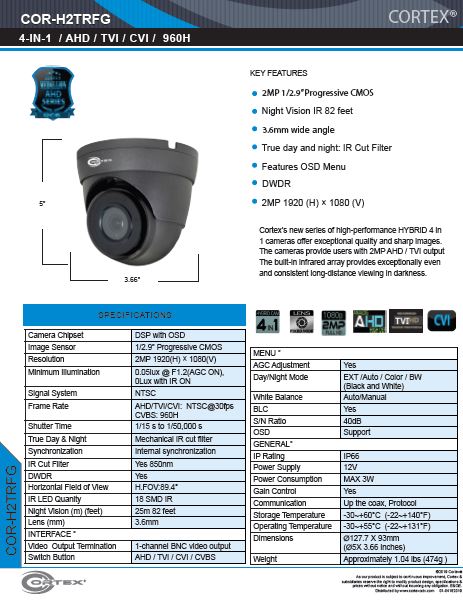 Gray model AHD , TVI, CVI camera, 2MP 1080p 30fps (NTSC).