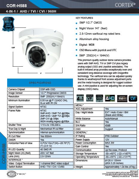 AHD , TVI, CVI camera, 5MP 2592(H)×1944(V).