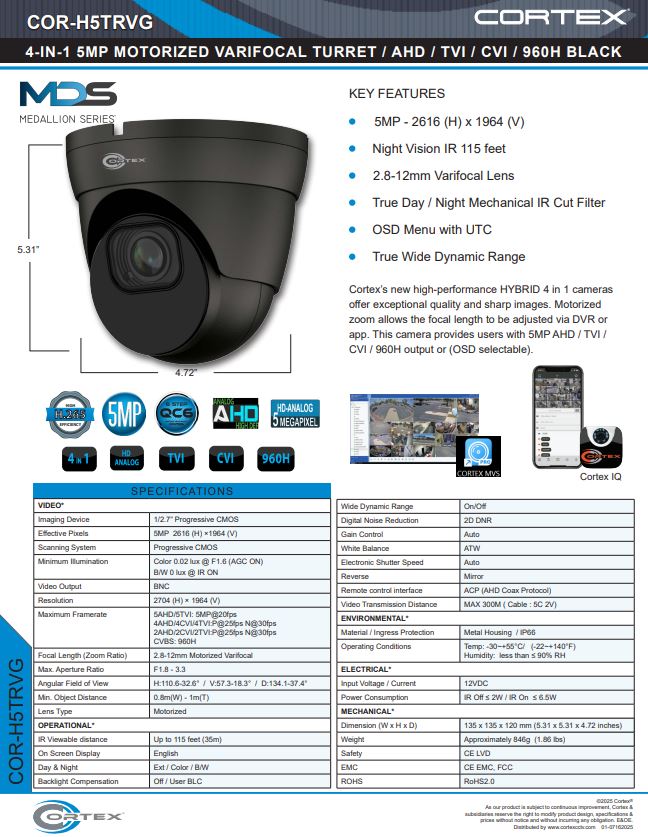 AHD , TVI, CVI camera, 5MP 2592(H)×1944(V).