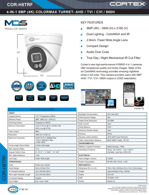 AHD , TVI, CVI camera, 8MP 3840(H)×2160(V).
