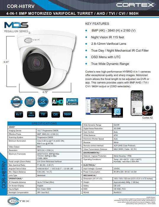 AHD , TVI, CVI camera, 8MP (4K) 3872 (H) × 2180 (V).