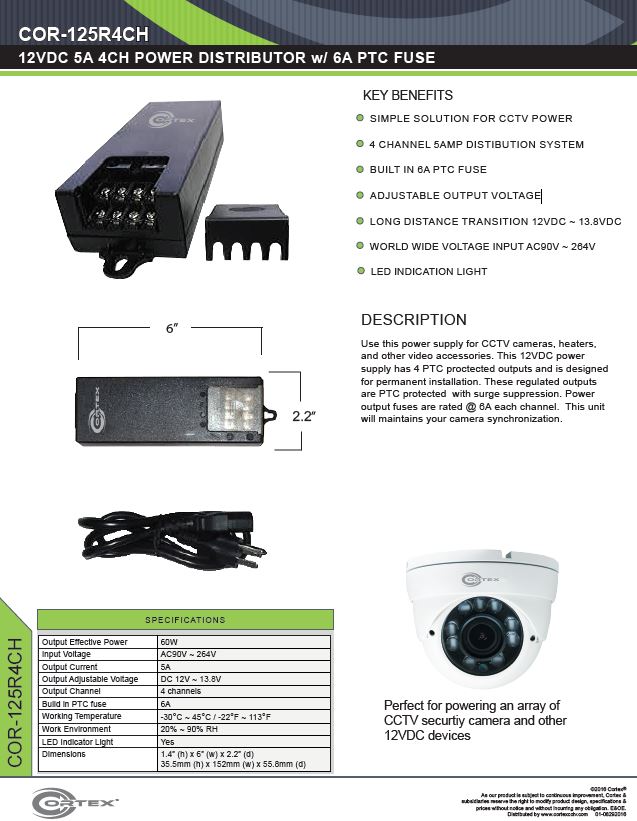 4 Channel security cctv dc power supply specifications for the COR-125R4CH