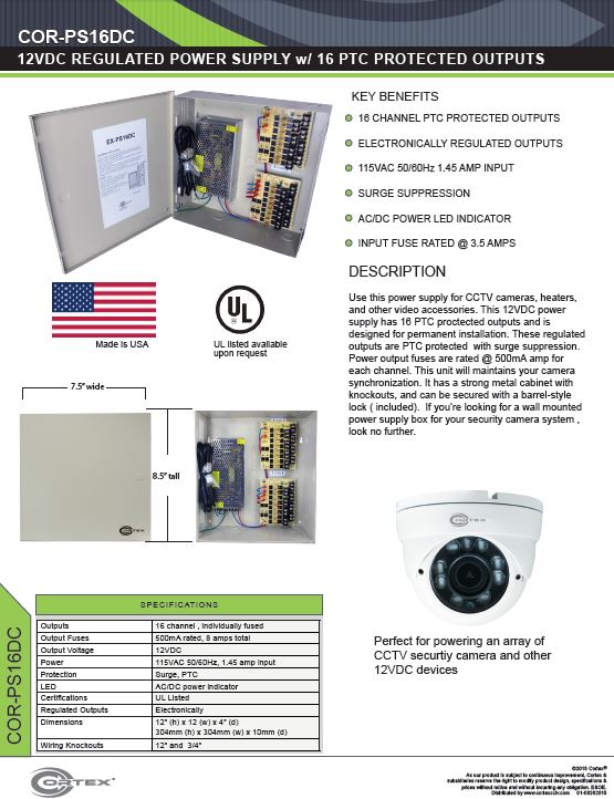16 Channel security cctv dc power supply specifications for the COR-PS16DC