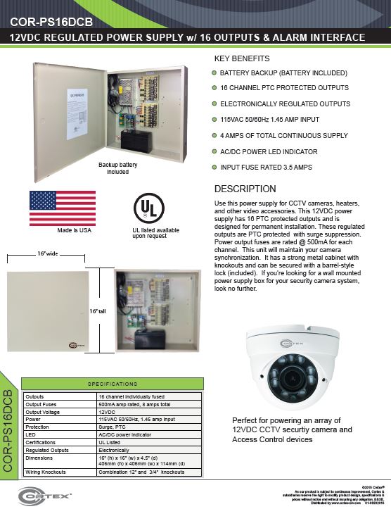 16 Channel security cctv dc power supply specifications for the COR-PS16DCB