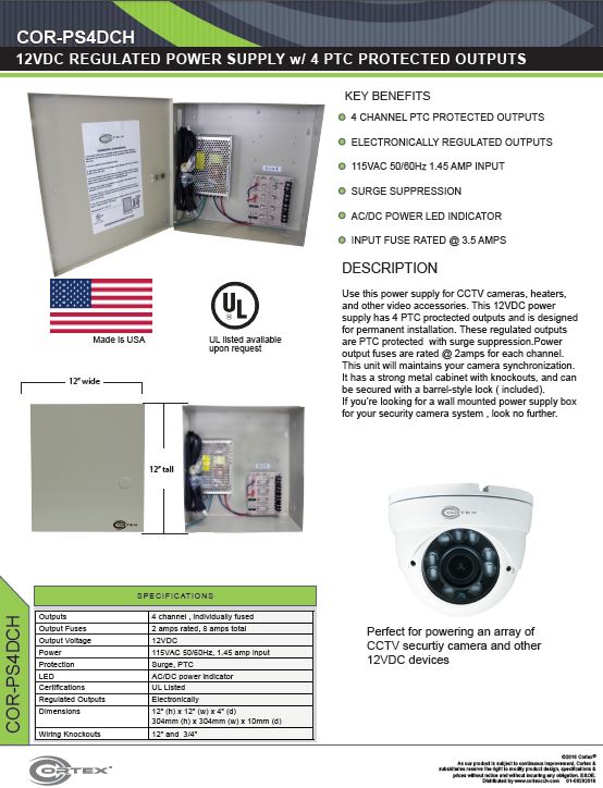 4 Channel security cctv dc power supply specifications for the COR-PS4DCH