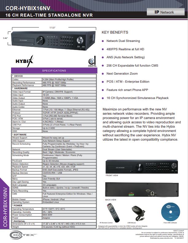 Specification image for the HYBIX16NV Cortex® 16 Channel IP Network NVR with embedded-Linux