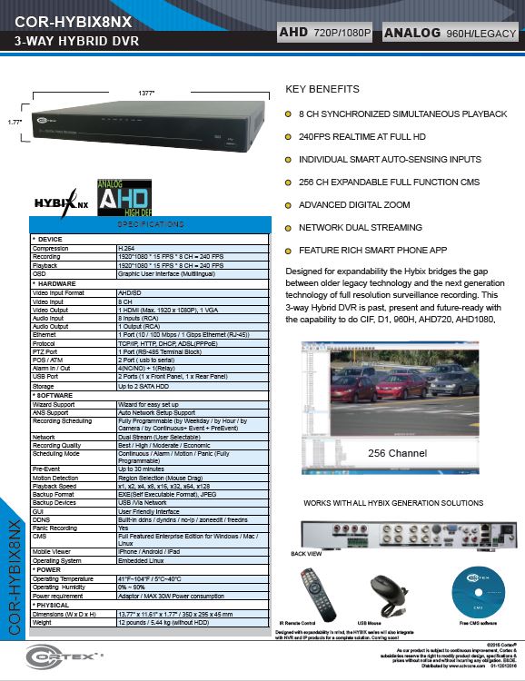 Specification image for the HYBIX8NX Cortex® 8 Channel 4-Way Hybrid 960H | AHD | DVR