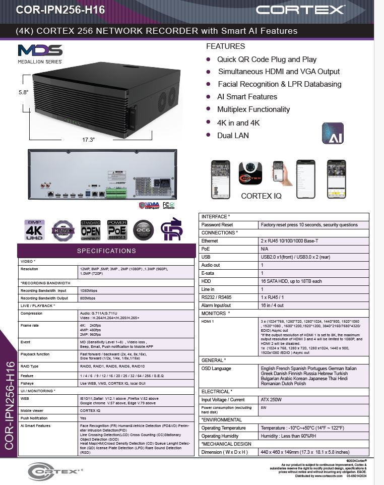 Specification image for the IPN256-H16 Cortex® Medallion 256 Camera 8 64 Camera NVR with 8MP (4K) Recording Resolution