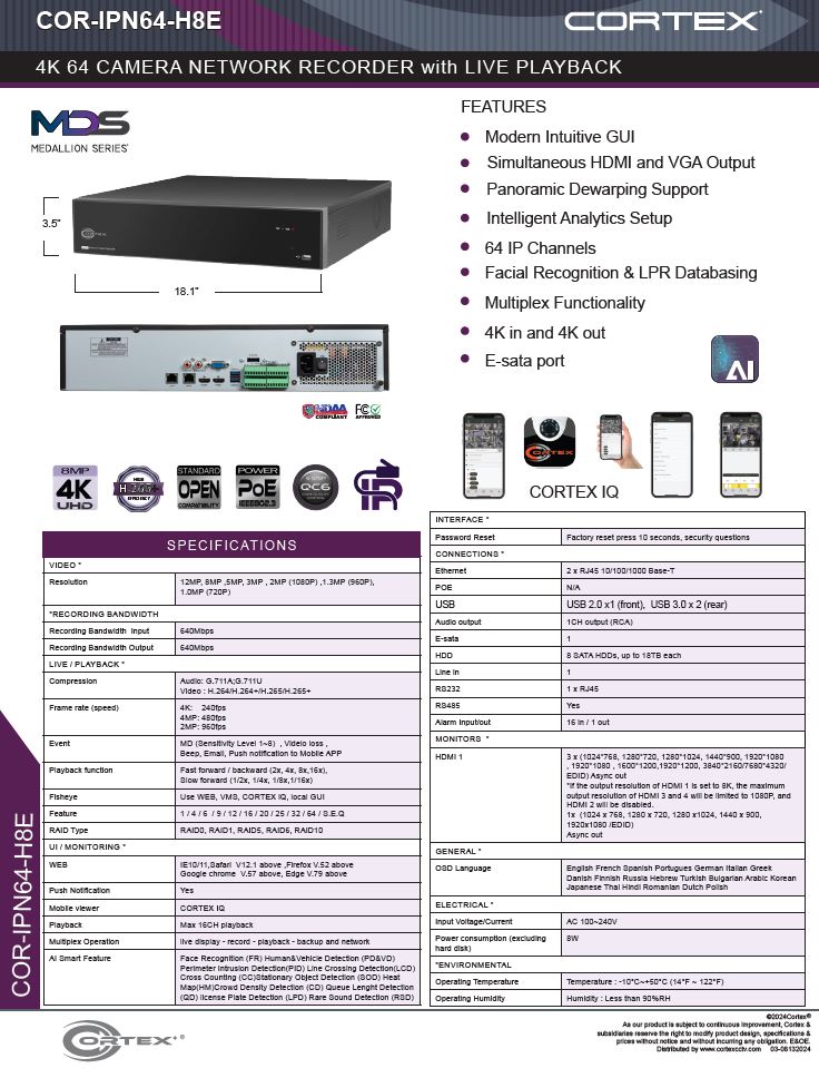 Specification image for the IPN64-H8E Cortex® Medallion 64 Camera 8 64 Camera NVR with 8MP (4K) Recording Resolution