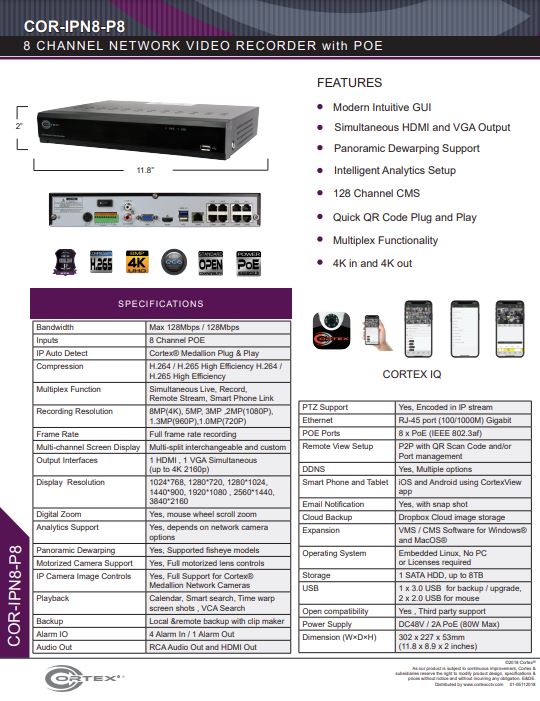Specification image for the IPN8-P8 Cortex® Medallion 8 Camera 8 PoE 4K NVR with H.265