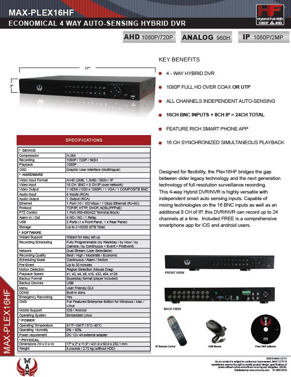 Specification image for the PLEX16 MAX® 16 channel Hybrid Auto-Sensing Full-HD recorder for SuperLive Plus smartphone app surveillance.